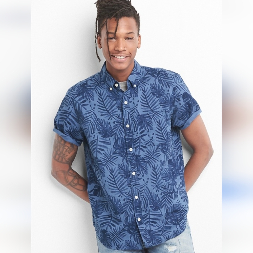 Gap Hawaiian blue short sleeve button down‎ shirt monsterra leaf mens small